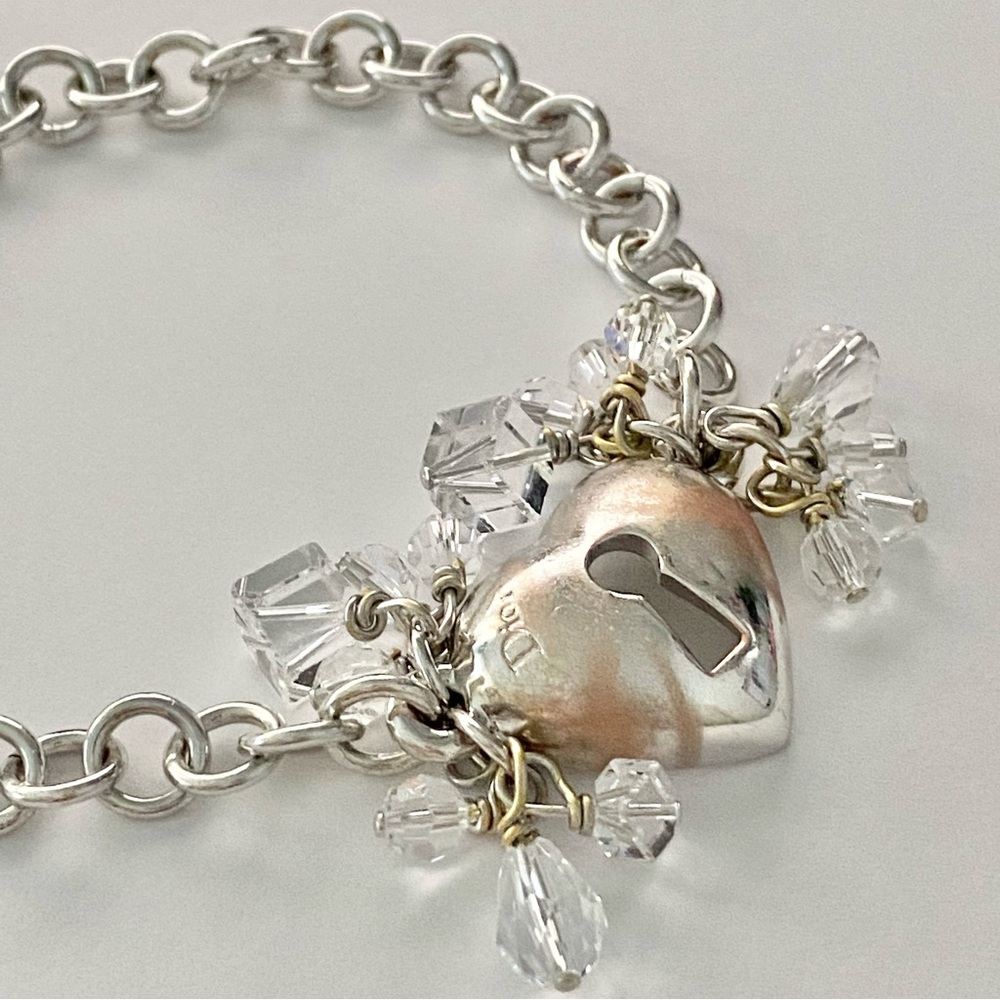 AUTH VTG Christian Dior Silver Chain Link Crystal Bead Heart Lock Charm Bracelet - Picture 6 of 13
